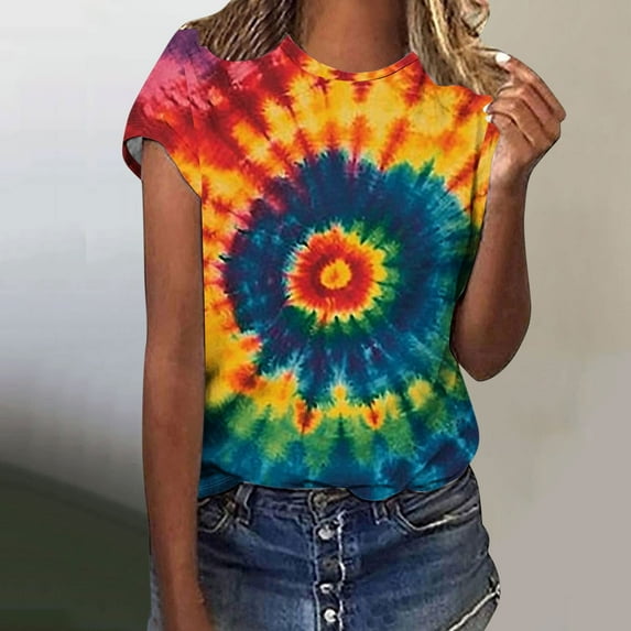 VBTAPA Tie Dye Shirts for Women Short Sleeve Crewneck Tops Casual Stylish T-shirt Novelty Graphic Tees Big Sales Today Multicolor XL