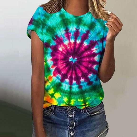 VBTAPA Tie Dye Shirts for Women Short Sleeve Crewneck Tops Casual Stylish T-shirt Novelty Graphic Tees Prime Sales Today Multicolor L