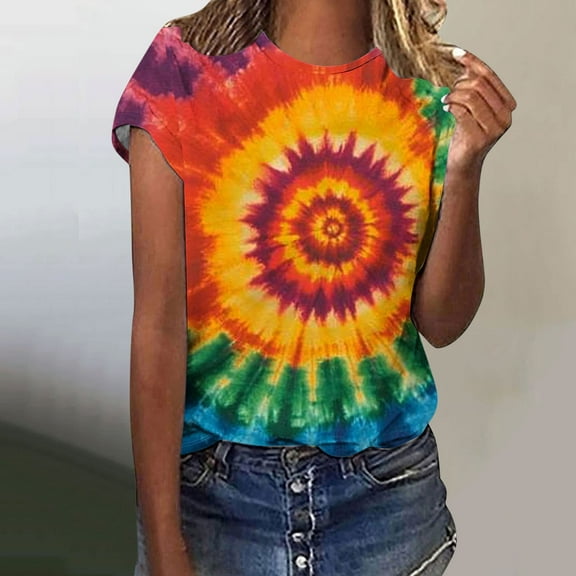 VBTAPA Tie Dye Shirts for Women Short Sleeve Crewneck Tops Casual Stylish T-shirt Novelty Graphic Tees Prime Sales Today Multicolor M