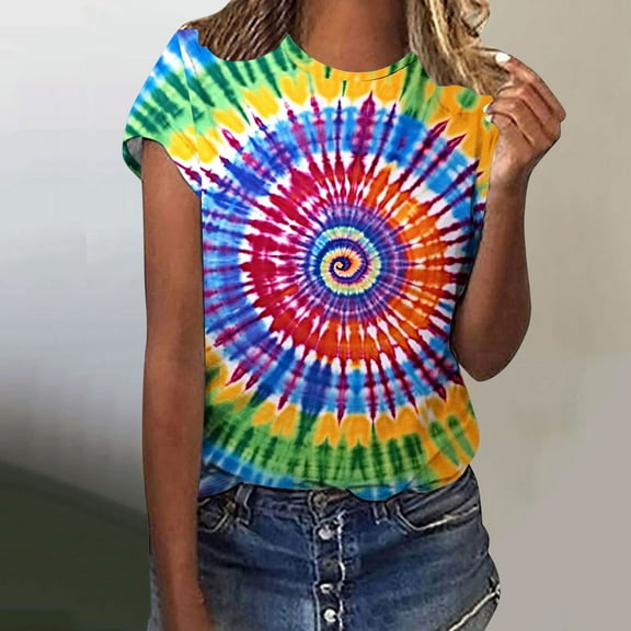 VBTAPA Tie Dye Shirts for Women Short Sleeve Crewneck Tops Casual Stylish T-shirt Novelty Graphic Tees Prime Sales Today Multicolor M