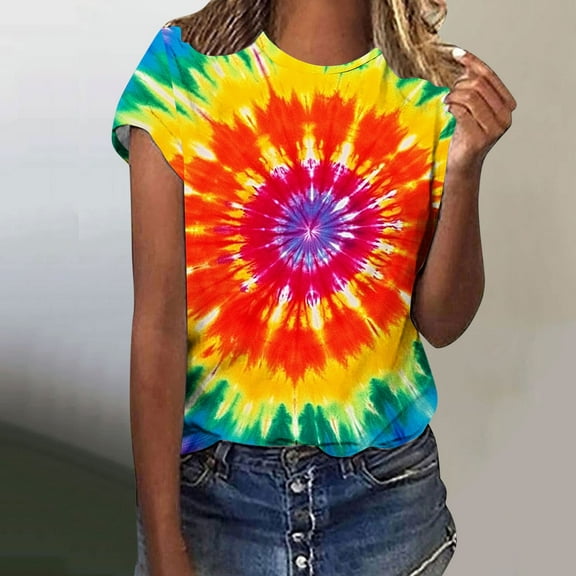 VBTAPA Tie Dye Shirts for Women Short Sleeve Crewneck Tops Casual Stylish T-shirt Novelty Graphic Tees Prime Sales Today Multicolor XL
