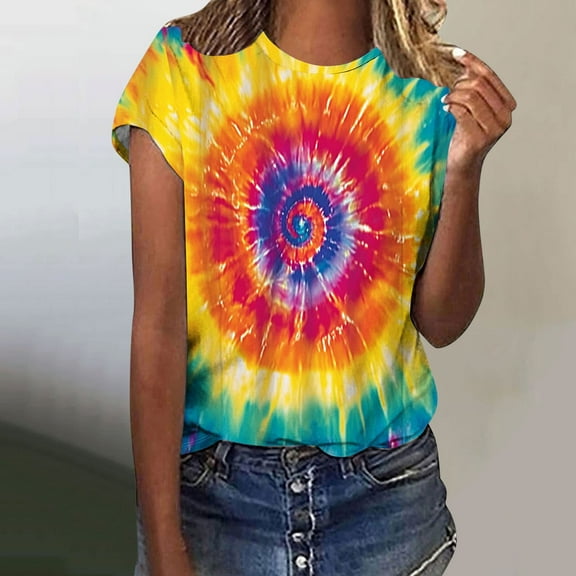 VBTAPA Tie Dye Shirts for Women Short Sleeve Crewneck Tops Casual Stylish T-shirt Novelty Graphic Tees Prime Sales Today Multicolor XL