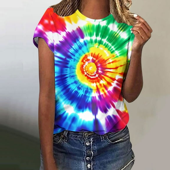 VBTAPA Tie Dye T-Shirt for Women Funny Contrast Color Short Sleeve Tops Summer Casual Loose T Shirts Round Neck Soft Comfy Tee Sales of Today Multicolor L