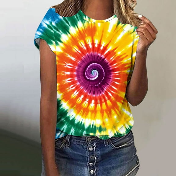VBTAPA Tie Dye T-Shirt for Women Funny Contrast Color Short Sleeve Tops Summer Casual Loose T Shirts Round Neck Soft Comfy Tee Sales of Today Multicolor L