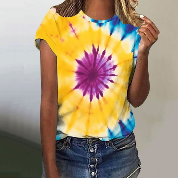 VBTAPA Tie Dye T-Shirt for Women Funny Contrast Color Short Sleeve Tops Summer Casual Loose T Shirts Round Neck Soft Comfy Tee on Sale Multicolor L