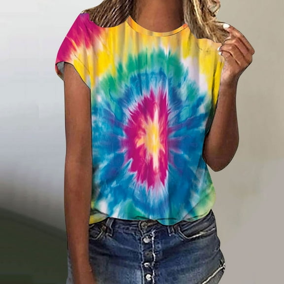 VBTAPA Tie Dye T-Shirt for Women Funny Contrast Color Short Sleeve Tops Summer Casual Loose T Shirts Round Neck Soft Comfy Tee on Sale Multicolor M