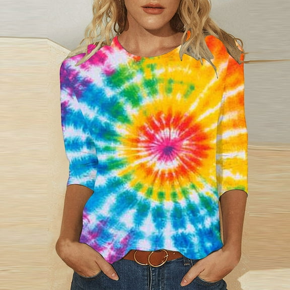 VBTAPA Tie Dye T Shirts for Women Rainbow Graphic Tee Shirts Funny Casual 3/4 Sleeve Tops Loose Fit Round Neck Tees Lightning Sales of The Day Multicolor XXXXL
