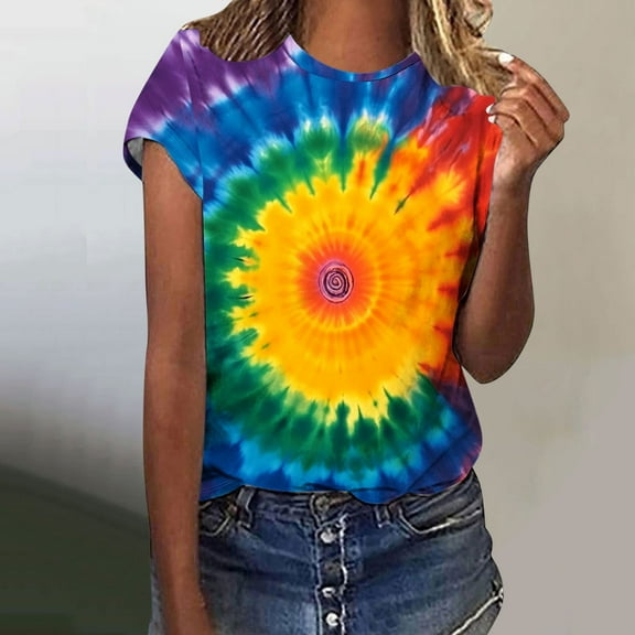 VBTAPA Tie Dye T Shirts for Women Rainbow Shirts Funny Casual Short Sleeve Crewneck Tops Multicolor S