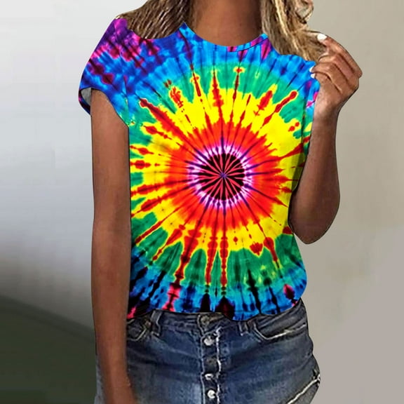 VBTAPA Tie Dye T Shirts for Women Rainbow Shirts Funny Casual Short Sleeve Crewneck Tops Today's Sales Multicolor M