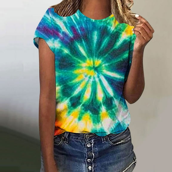 VBTAPA Tie Dye T Shirts for Women Rainbow Shirts Funny Casual Short Sleeve Crewneck Tops Today's Sales Multicolor XXL
