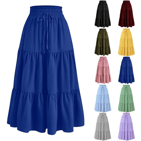 VBTAPA Tiered Maxi Skirts for Women Trendy Summer Long Flowy Skirt Boho Beach Skirts with Pockets Blue XXL