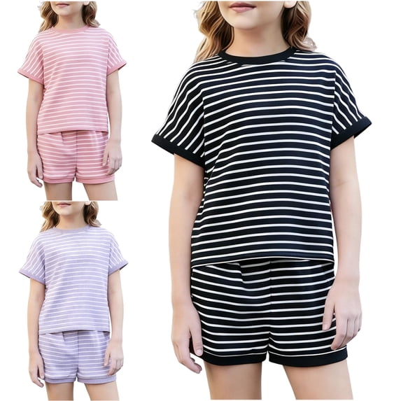VBTAPA Toddler Boys Girls 2 Piece Lounge Set Kids Striped Short Sleeve T-Shirts Elastic Waist Shorts Casual Summer Clothing Sets Pink 3-4Years