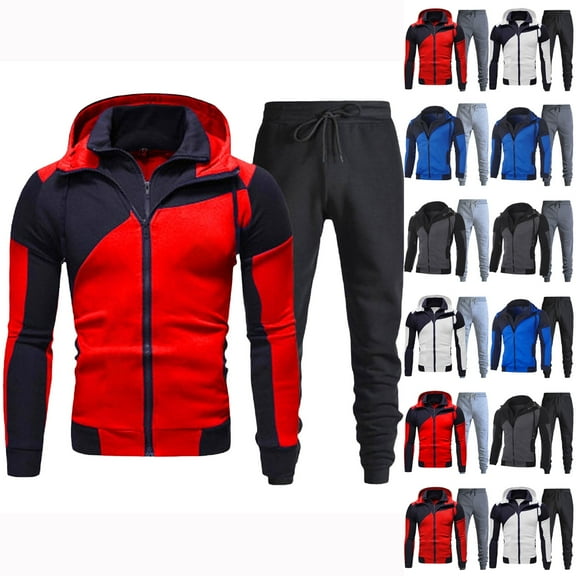VBTAPA Track Suit for Men Color Block 2 Piece Casual Sport Outfits Athletic Jogging Matching Sets Double Zip Up Hoodie and Drawstring Sweatpants Suit with Pockets Lighten Red L