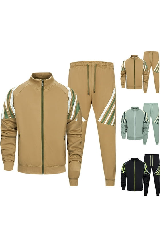 Track Suits for Men 2 Piece Striped Casual Sweatsuit Zip Up Long Sleeve Jacket Drawstring Jogger Pants Matching Sets Jogging Running Athletic Outfits Black and Friday Sales Khaki XXL