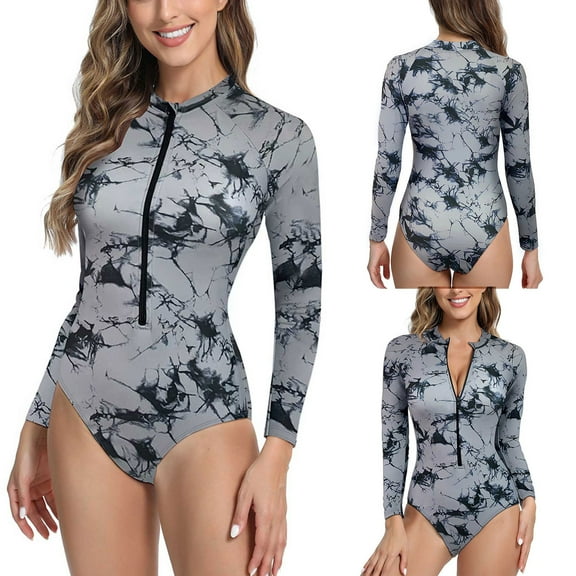 VBTAPA Tummy Control Bathing Suits for Women Zipper Long Sleeve V Neck Summer 1 Piece Rashguard for Women Swimming Prime Sales of The Day Gray S
