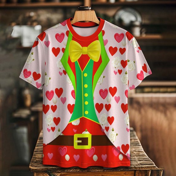 VBTAPA Tuxedo T-Shirts for Men 3D Graphic Short Sleeve Party Casual Top Valentines Day Heart Print Tees Green L