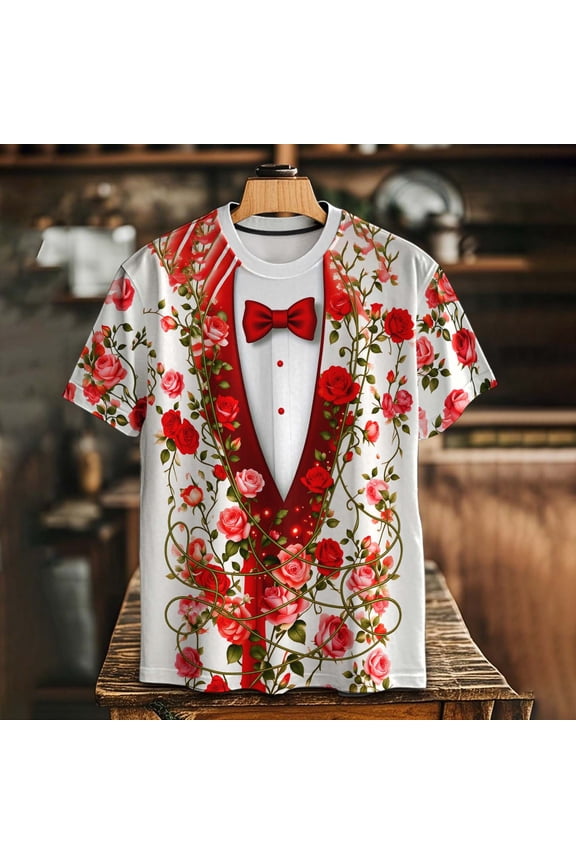 Tuxedo T-Shirts for Men 3D Graphic Short Sleeve Party Casual Top Valentines Day Heart Print Tees White XL