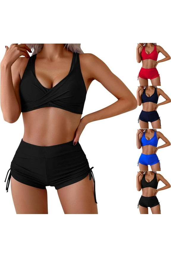 Two Piece Bathing Suit for Women Push Up Bikini Swimsuit Set with Boy Shorts Summer Beach Athletic Swimwear Clearance Sale Black S