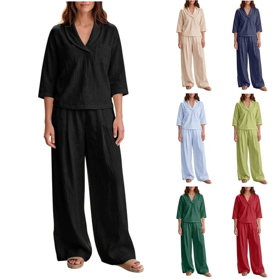 VBTAPA Two Piece Lounge Sets for Women Summer Vacation Beach Travel Outfits 3/4 Length Sleeve V Neck Tops and Wide Leg Pants Set Navy M