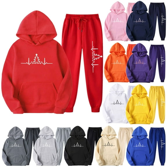 VBTAPA Two Piece Outfits for Women Jogging Suits Casual Sweatsuits Set Christmas Tree Print Hoodie Tracksuit Beige L