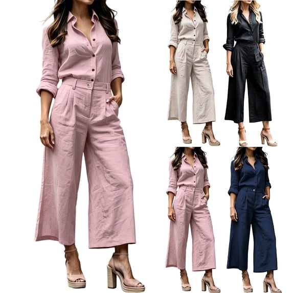 VBTAPA Two Piece Sets for Women Spring Fall Outfits 2026 Dressy Casual Button Down Shirt Wide Leg Pants Lounge Set Beige M