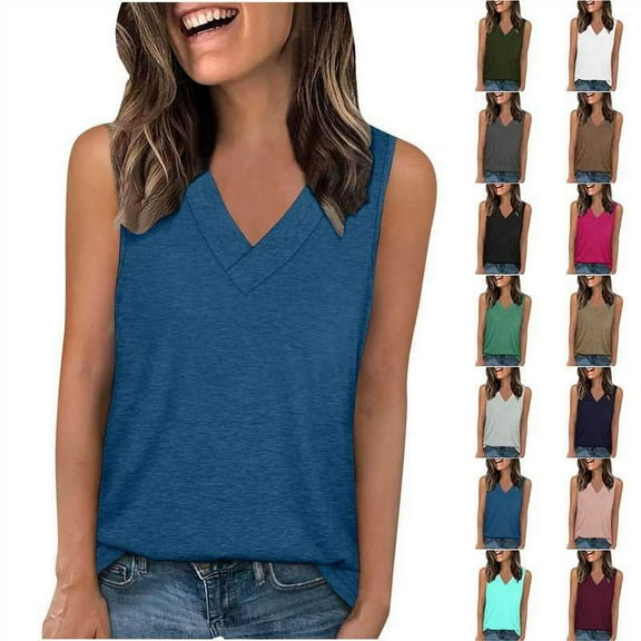 VBTAPA V Neck Tank Tops for Women Sleeveless T Shirt Solid Casual Summer Tanks Wide Straps Camisole Undershirts White XXL