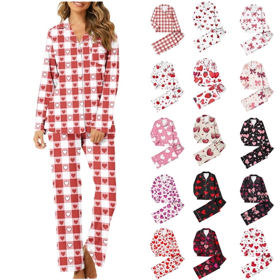 VBTAPA Valentine Pajamas Women Button Down Pajama Set Cute Heart Print Long Sleeve Shirt Matching Lounge Pants Holiday Sleepwear Multicolor S