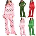 thumbnail image 1 of VBTAPA Valentine's Day 2 Piece Pajamas Set Women Button Down Shirt and Pants Faux Fur Trim Long Sleeve Sleepwear Lounge Set Green S, 1 of 5