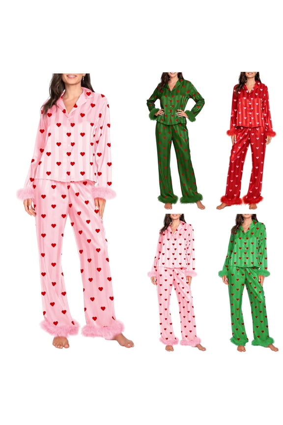 Valentine's Day 2 Piece Pajamas Set Women Button Down Shirt and Pants Faux Fur Trim Long Sleeve Sleepwear Lounge Set Red S