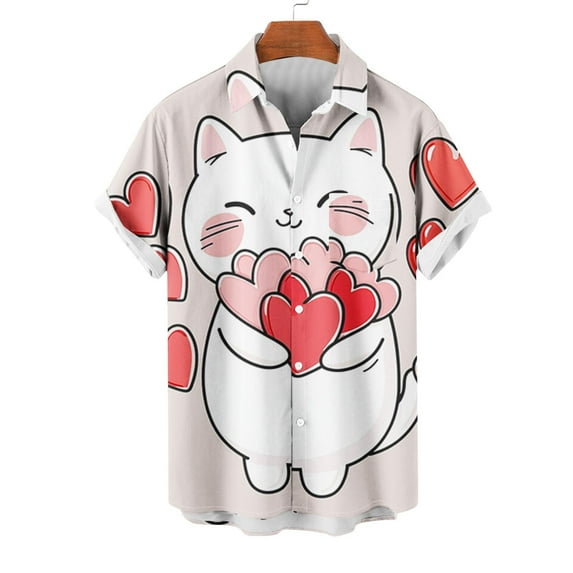 VBTAPA Valentine's Day Button Down Shirts for Men Romantic Heart Print Short Sleeve Casual Beach Button Down Shirts Lightweight Holiday Party Shirt Clearance Sale Red M