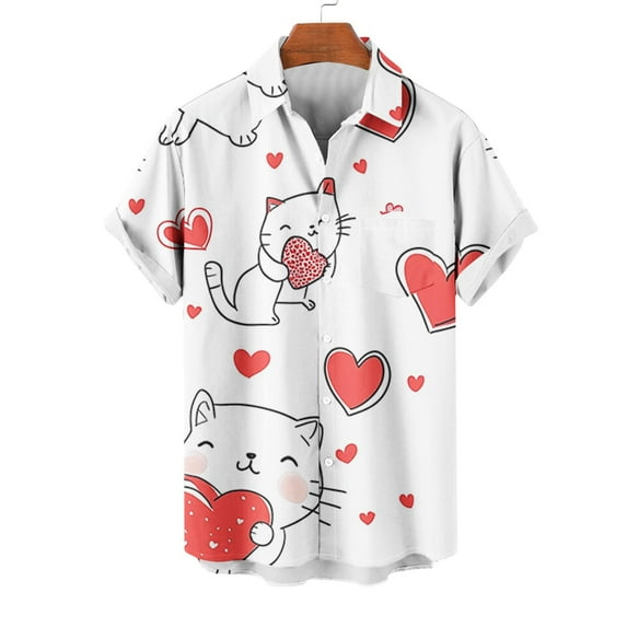 VBTAPA Valentine's Day Button Down Shirts for Men Romantic Heart Print Short Sleeve Casual Beach Button Down Shirts Lightweight Holiday Party Shirt White XL