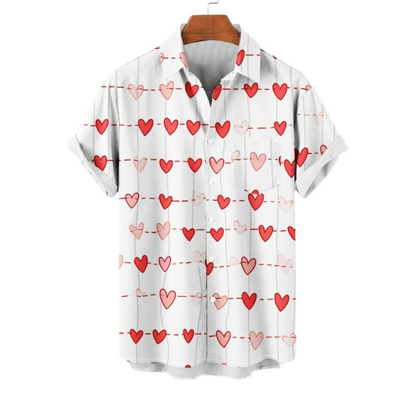 VBTAPA Valentine's Day Hawaiian Shirt for Men Big and Tall Button Down Shirts Love Heart Graphic Printed Short Sleeve Funky Hawaiian Shirt Gifts for Boyfriend Husband on Clearance White L