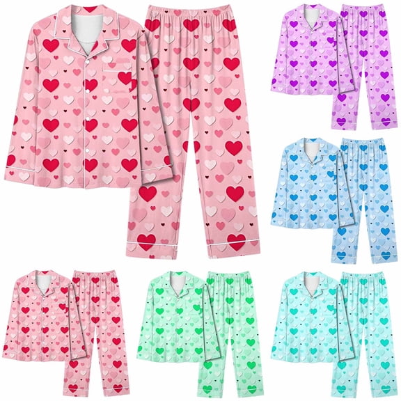 VBTAPA Valentine's Day Pajamas Sets for Women Long Sleeve Lapel Blouse with Wide Leg Pants Matching Jammies Set Soft Homewear Ladies Gifts Lighten Green XL