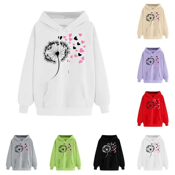 VBTAPA Valentines Day Hoodie for Women Dandelion Print Hooded Sweatshirt Lightweight Drawstring Pullover Hoodies Loose Casual Aesthetic Sweatshirts with Kangaroo Pocket on Sale Khaki L