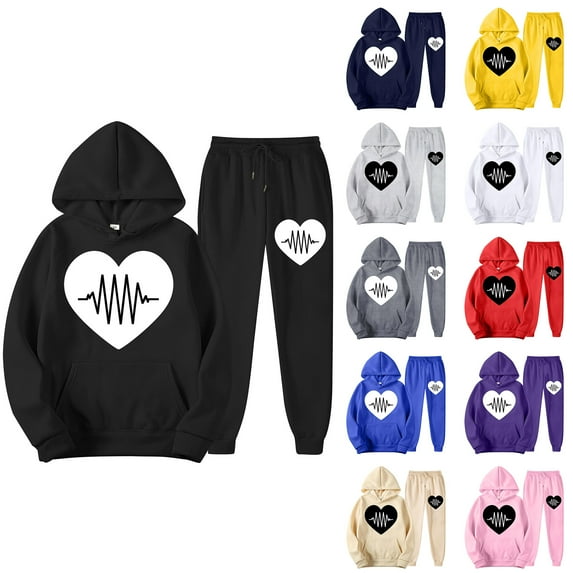 VBTAPA Valentines Day Outfits for Women 2025 Trendy Casual Sweatsuits 2 Piece Set Love Heart Graphic Print Hooded Sweatshirt and Jogger Sweatpants Lounge Track Suit Deals of The Day Gray XXL