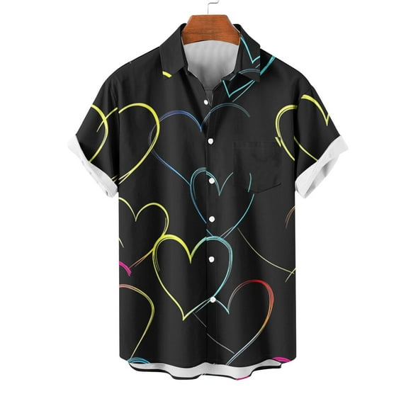 VBTAPA Valentines Day Shirt for Men Short Sleeve Casual Button Down Shirts Romantic Heart Print Vacation Dating Top Summer Beach Shirt Black XXXXXL
