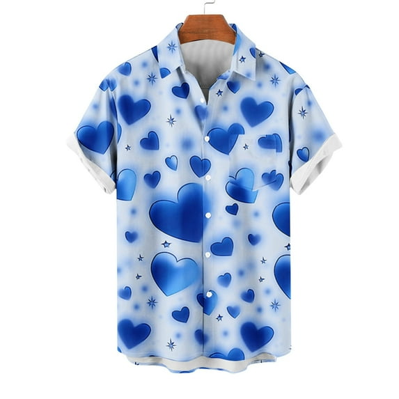 VBTAPA Valentines Day Shirt for Men Short Sleeve Casual Button Down Shirts Romantic Heart Print Vacation Dating Top Summer Beach Shirt Blue XXXXXL