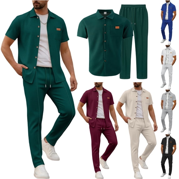 VBTAPA Waffle Sweatsuit 2 Piece Set Mens Tracksuit Suits Solid Casual Short Sleeve Button Down Shirt Jacket with Jogging Pants Sets with Pockets Khaki XL