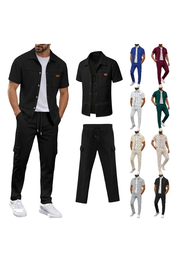 Waffle Sweatsuit 2 Piece Set Mens Tracksuit Suits Solid Casual Short Sleeve Button Down Shirt Jacket with Jogging Pants Sets with Pockets Gray M