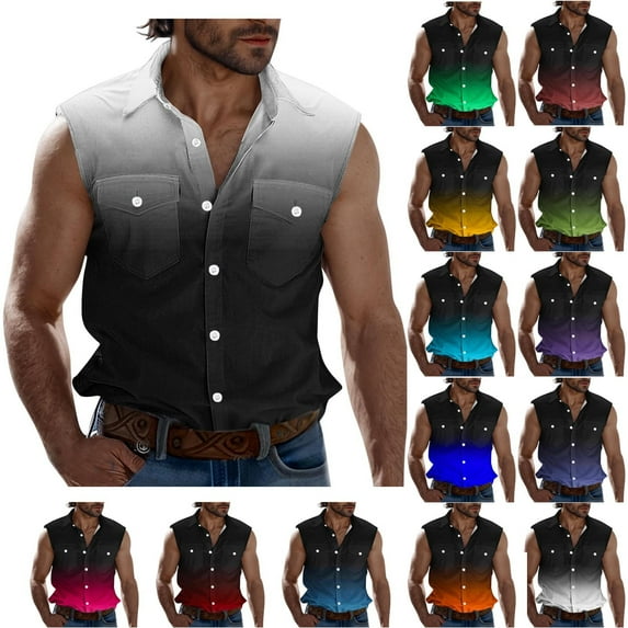 VBTAPA Western Shirt for Men Sleeveless Casual Button Down Shirts Gradient Graphic Tank Tops Orange L