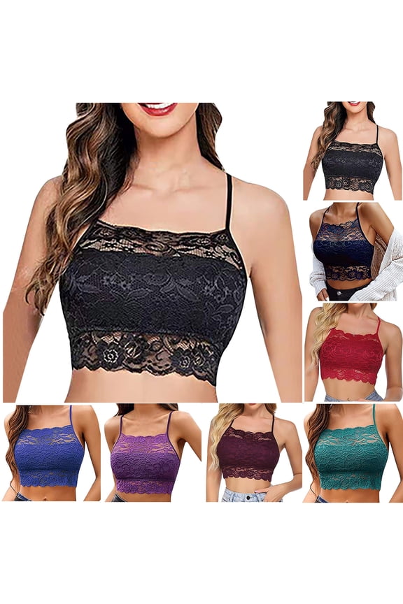 Wireless Lace Bralette for Women Spaghetti Strap Lace Cami Bandeau Bras Slim Basic Camisole Green L
