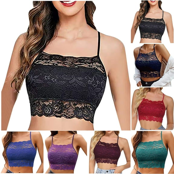 VBTAPA Wireless Lace Bralette for Women Spaghetti Strap Lace Cami Bandeau Bras Slim Basic Camisole Blue L
