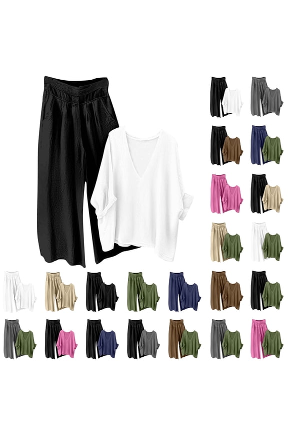 Women 2 Piece Outfits Deep V Neck Top Wide Leg Pants Linen Matching Lounge Set Green L