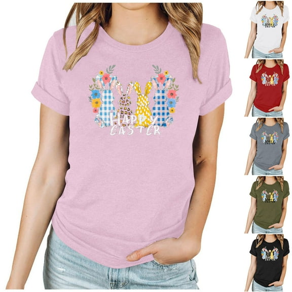 VBTAPA Women Easter Day Shirts Bunny Rabbit Letter Printed T-Shirt Short Sleeve Graphic Tee Tops Prime Sales of The Day Pink S