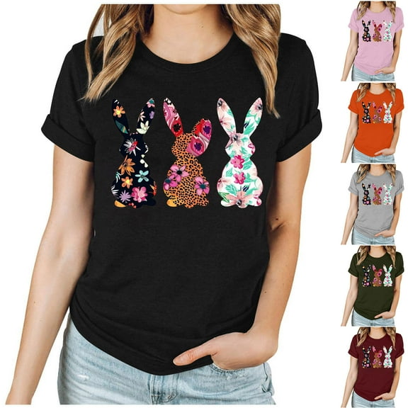 VBTAPA Women Easter Day Shirts Bunny Rabbit Letter Printed T-Shirt Short Sleeve Graphic Tee Tops on Sale Orange XXXL