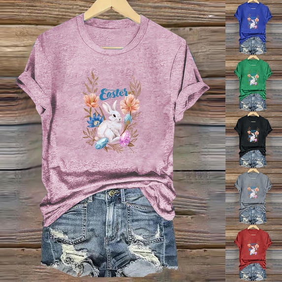 VBTAPA Women Happy Easter Shirt Eggs Hunting Themed Graphic T-Shirts Funny Cute Graphic Tees Teen Girls Short Sleeve Crewneck Tops Flash Sales Green M
