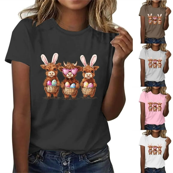 VBTAPA Women Happy Easter Shirt Eggs Hunting Themed Graphic T-Shirts Funny Cute Graphic Tees Teen Girls Short Sleeve Crewneck Tops Daily Sales Pink XL