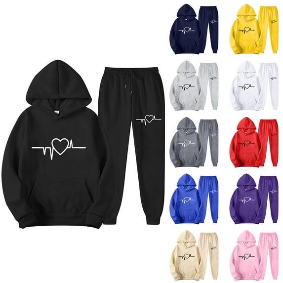VBTAPA Women Hoodie Track Suits 2 Piece Sets Valentines Day Outfits Love Heart Graphic Hooded Sweatshirt with Jogger Sweatpants Set Casual Jogging Sweatsuit Beige L