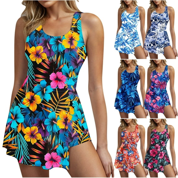 VBTAPA Women One Piece Swim Dress Swimsuit Tummy Control Bathing Suit Swimdress Split Skirt with Briefs Swimwear Prime Sales of The Day Multicolor M