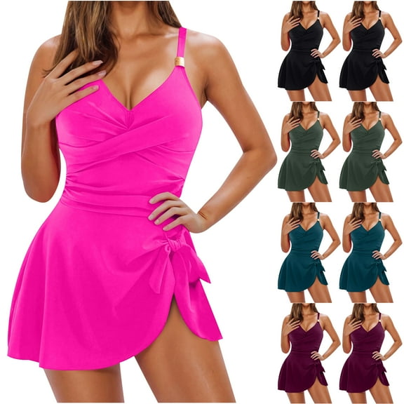 VBTAPA Women One Piece Swimsuits 2025 Tummy Control Bathing Suits V Neck Criss Cross Swim Dress Ruched Tie Knot Swimwear on Sale Army Green XL